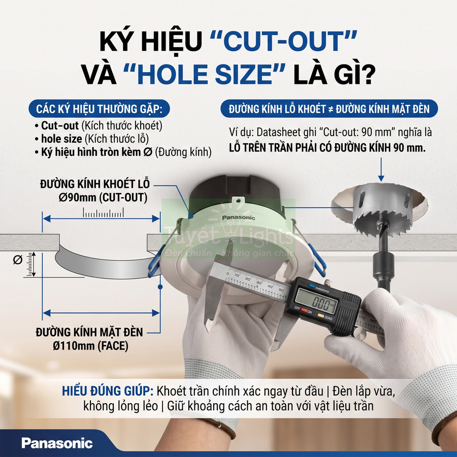 Đèn âm trần Panasonic được đo kích thước lỗ khoét trần bằng thước kẹp điện tử